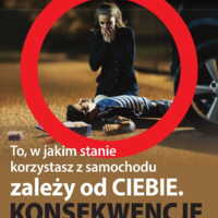Plakat: Profilaktyka prowadzenia pojazdów w stanie zwiększającym ryzyko wypadków drogowych, z naciskiem na nietrzeźwość kierowcy