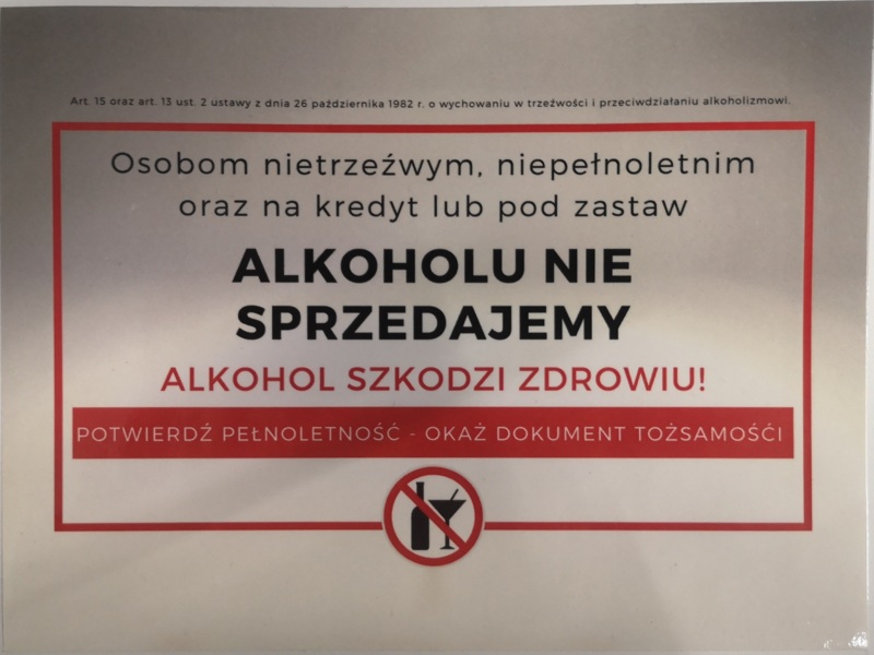 NAKLEJKA INFORMACYJNA SPRZEDAŻ ALKOHOLU