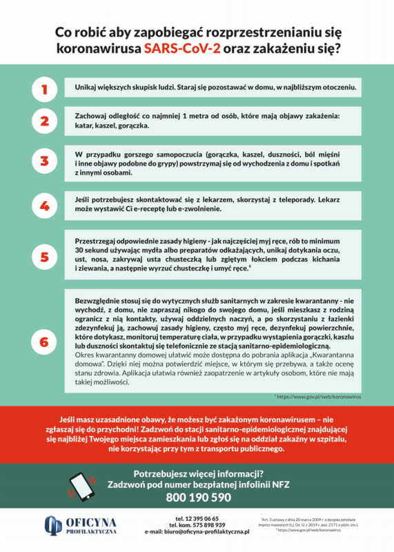 Plakat: ZAPOBIEGAJ PRZECIW KORONAWIRUSOWI