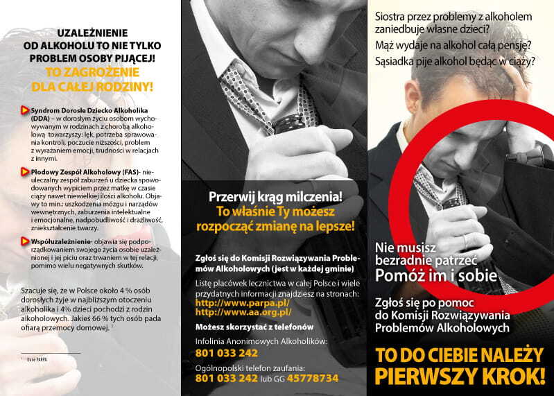 Ulotka: Profilaktyka alkoholizmu w rodzinach, promocja procedury zobowiązania do podjęcia leczenia odwykowego